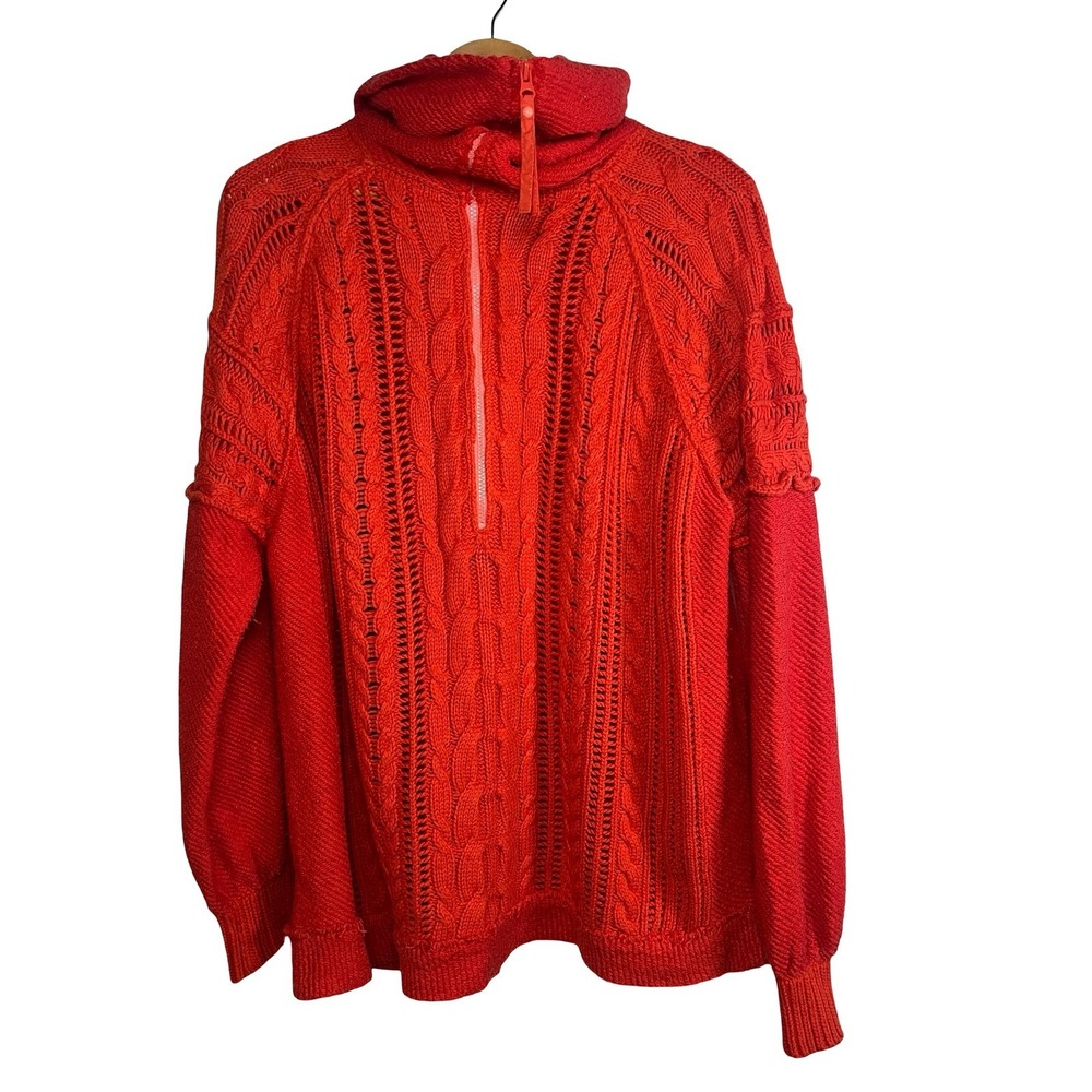 Free‎ People Red Cable Knit Quarter Zip Oversized Sweater Women XS OB1015383